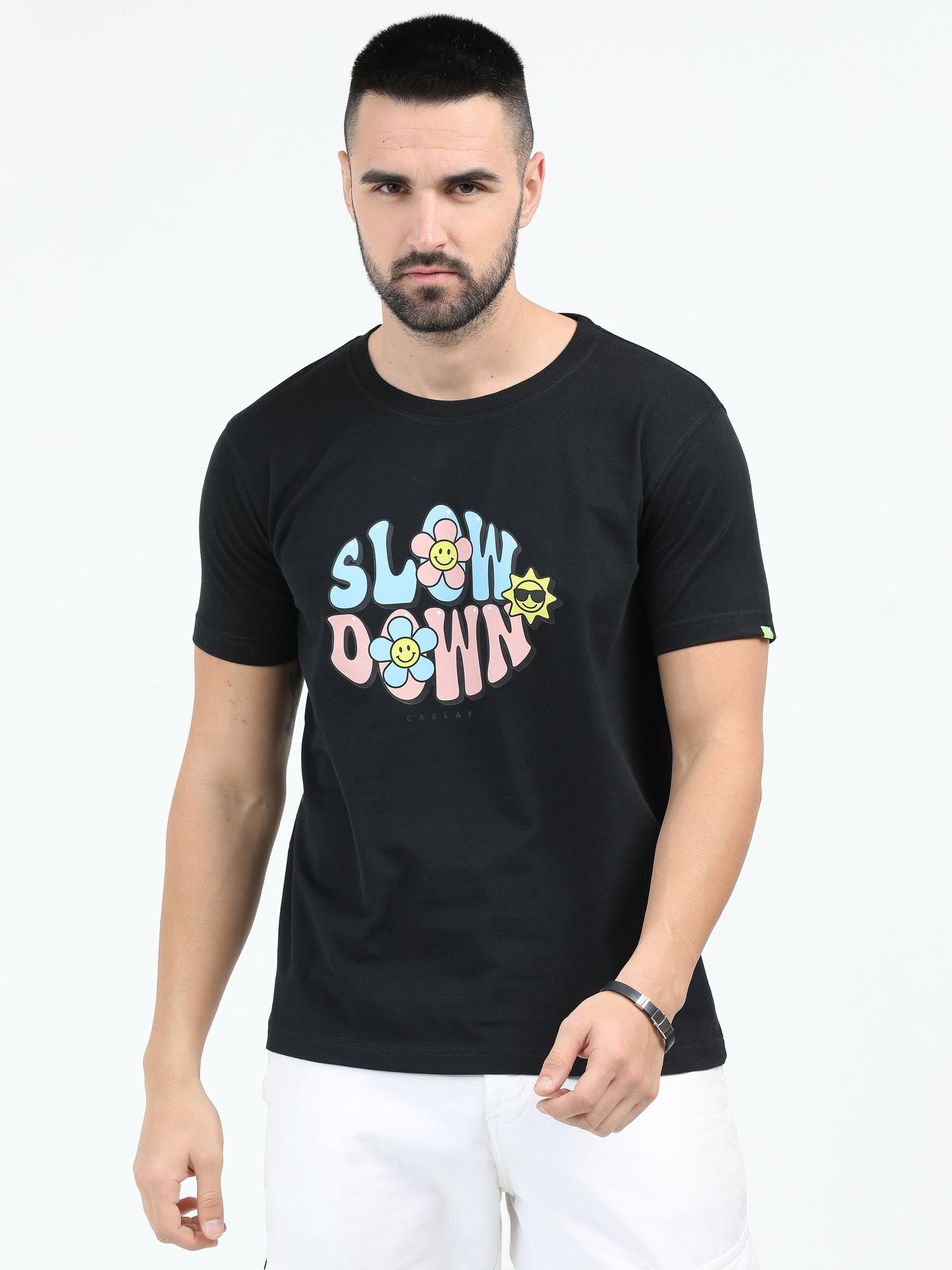 Caslay Sustainable - Slow Down - Black Crew Neck Printed T-Shirt