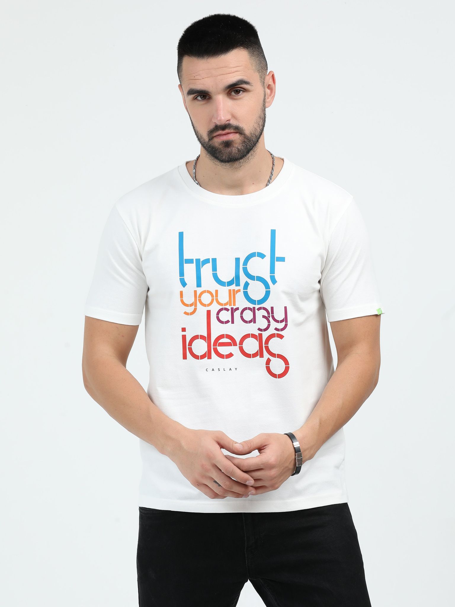 Caslay Sustainable - Trust Your Crazy Ideas - White Crew Neck Printed T-Shirt