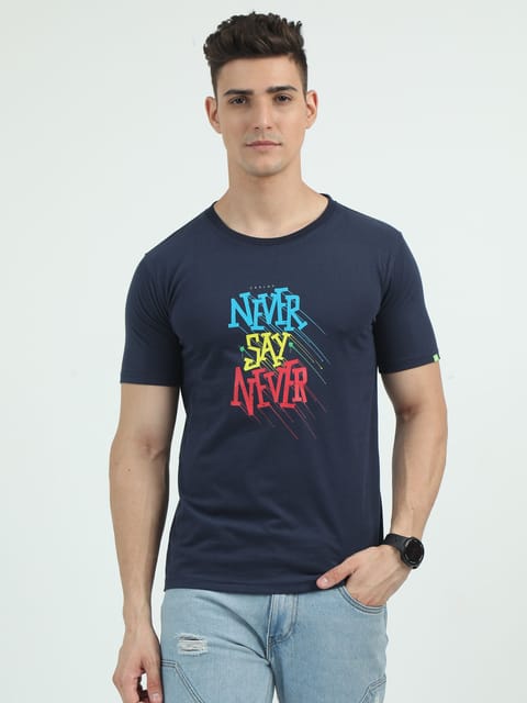 Caslay Sustainable - Never Say Never - Navy Blue Crew Neck Printed T-Shirt