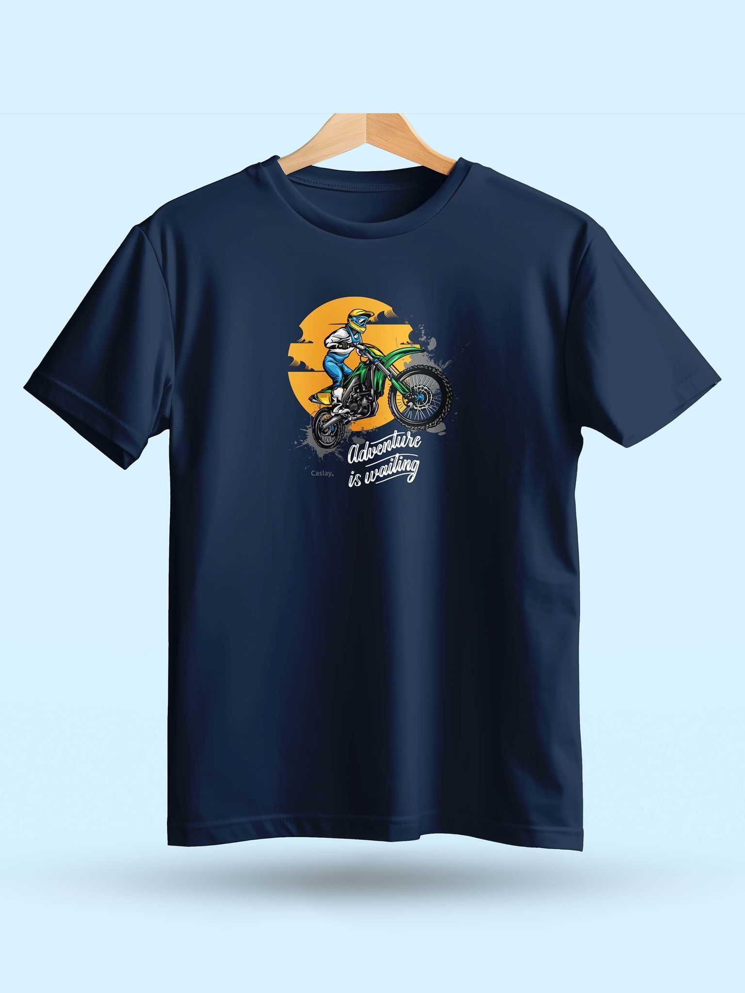 Caslay Sustainable - Adventure Is Waiting - Navy Blue Crew Neck Printed T-Shirt