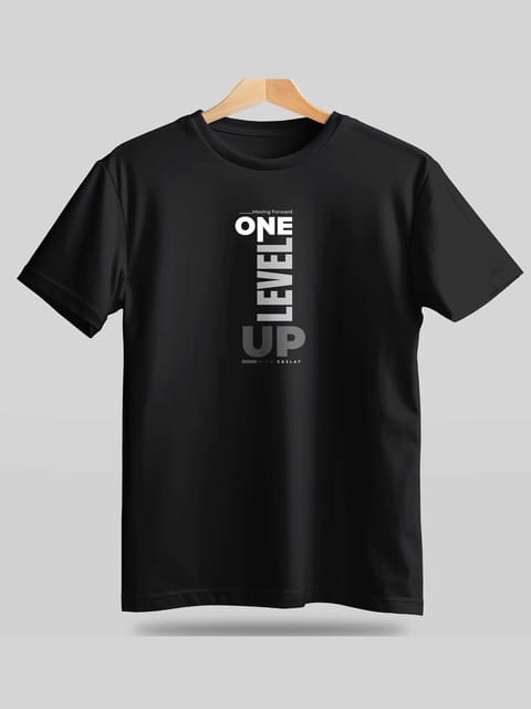 Caslay Sustainable - One Level Up Black Crew Neck Printed T-Shirt