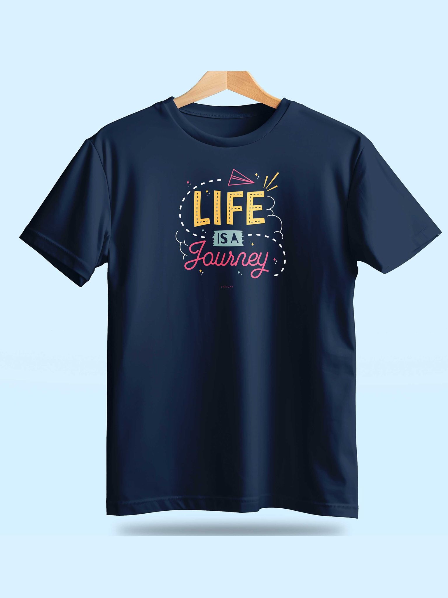 Caslay Sustainable - Life is a Jounrney Blue Crew Neck Printed T-Shirt