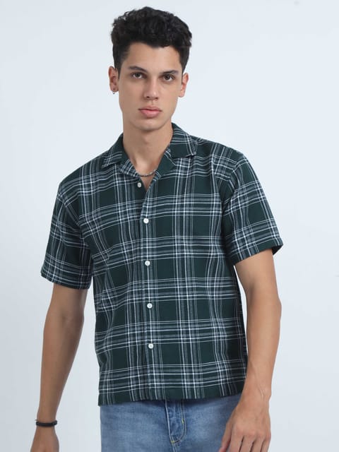 Men Checks Jacquard Oversized Shirt-Olive