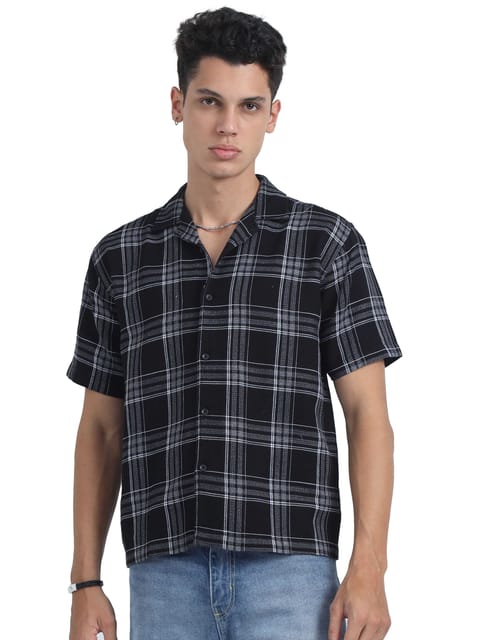 Men Checks Jacquard Oversized Shirt-Black