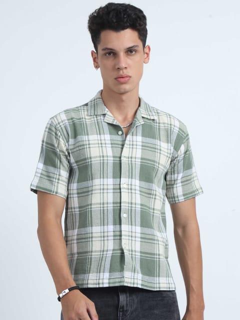 Men Checks Jacquard Oversized Shirt-Green