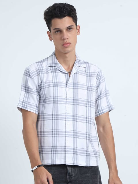 Men Checks Jacquard Oversized Shirt-White