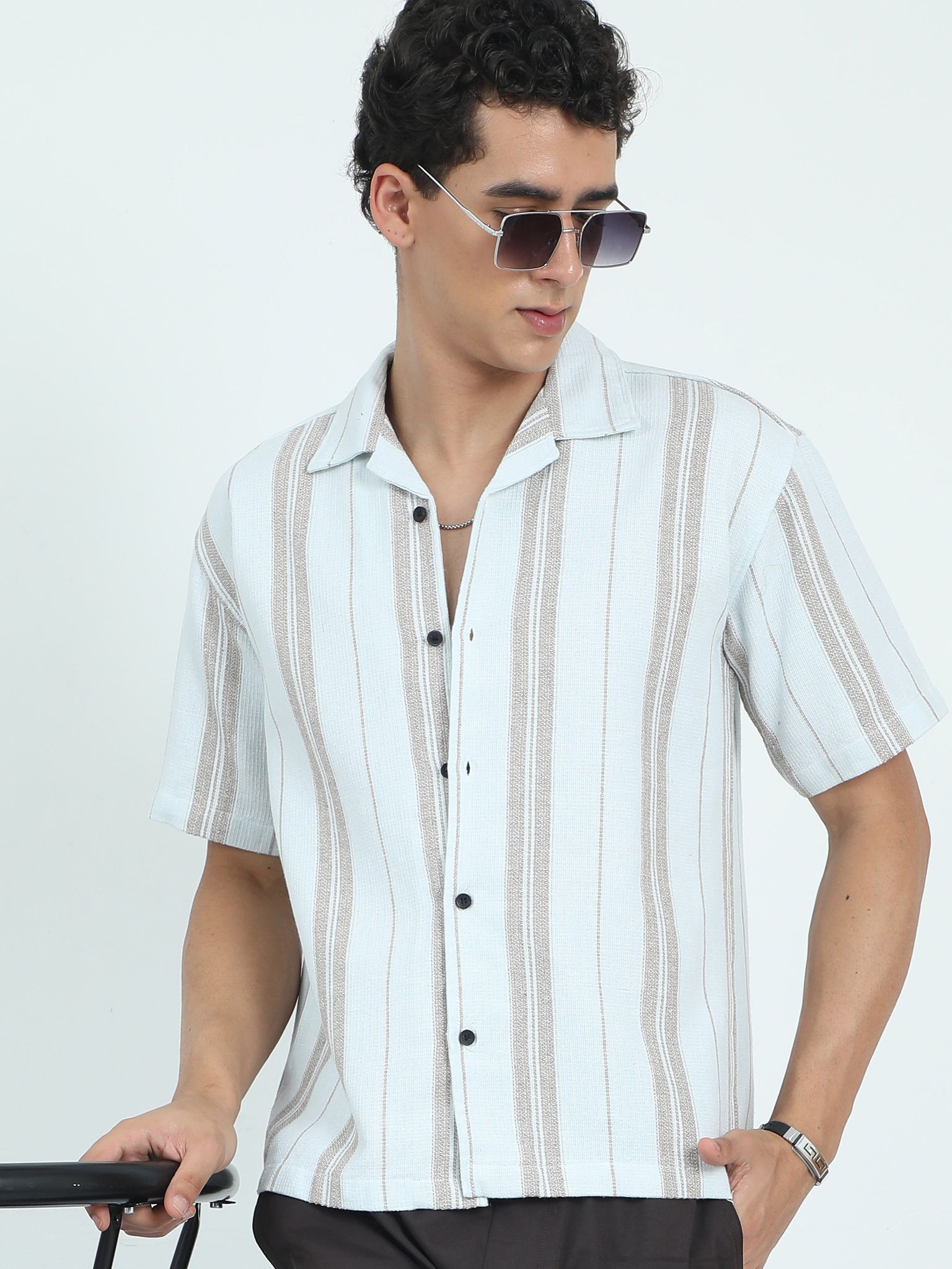 Men Striped Jacquard Oversized Shirt-Mint