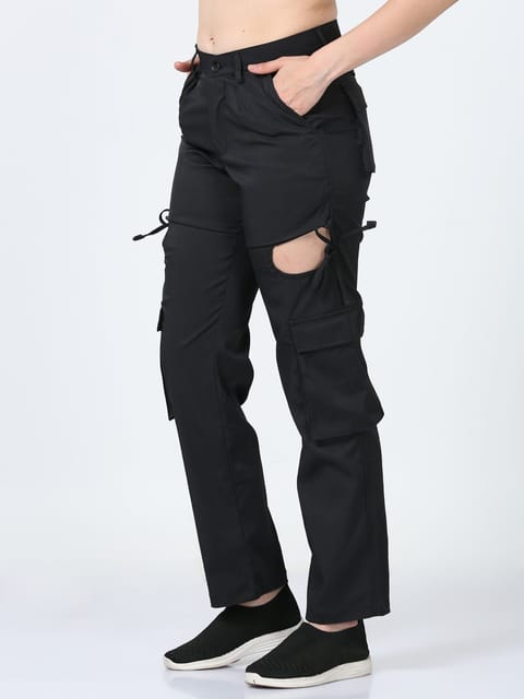 Women Dual Pocket Slashed Trousers-Black