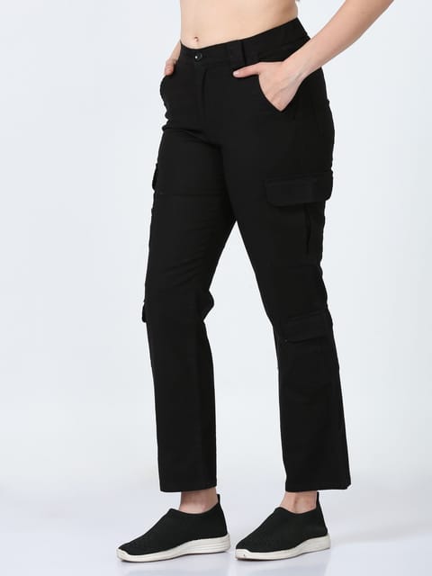 Women Lazy Linen Cargo Trousers-Black