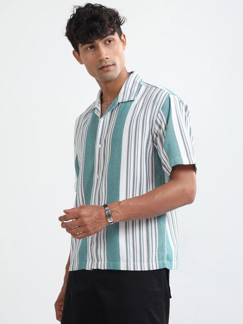 Men Striped Jacquard Oversized Shirt-Mint