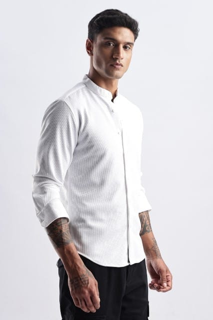 Men Waffle Dobby Shirts Mandarin Collar-White