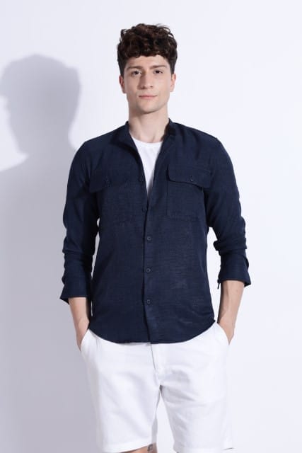 Men Air Linen Like DP Mandarine Shirt-Navy