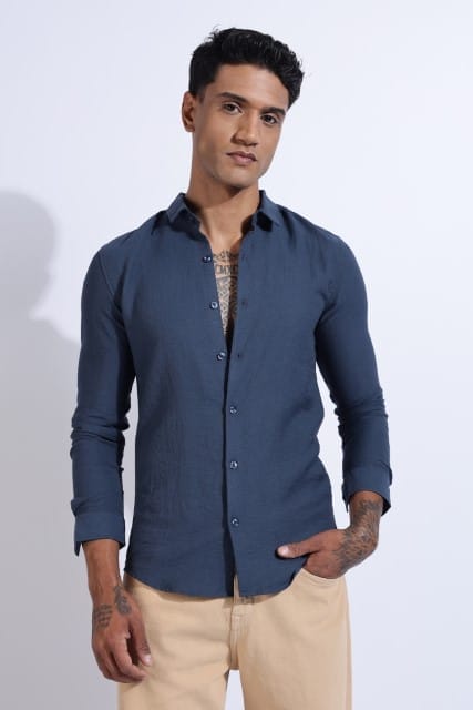 Men Lucas Look Linen Shirt-Blue