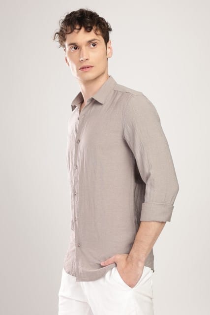 Men Linen Like Neps Shirts-Fawn