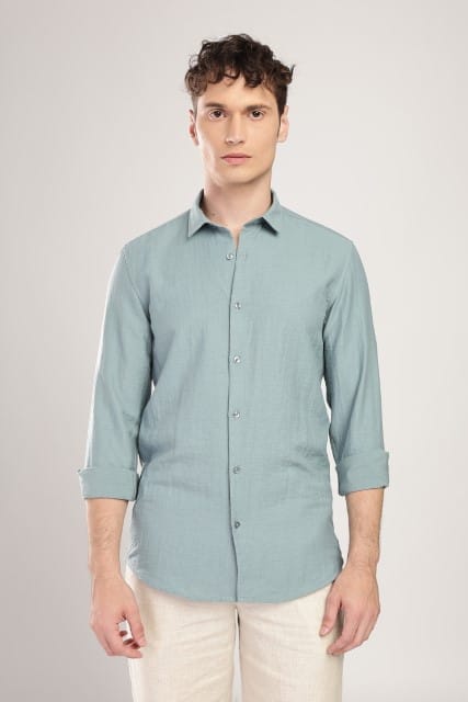 Men Linen Like Neps Shirts-Teal