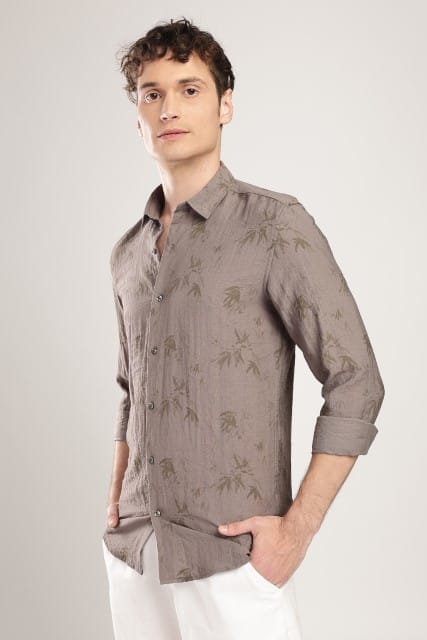 Men Linen Like Printed Shirt-Grey