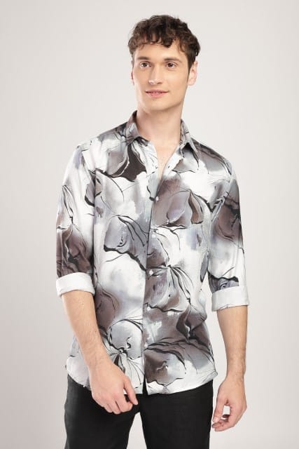 Men Nylon Abstract Print Shirts-Lt Grey