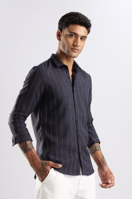 Men Air Like Linen Stripes Shirt-Navy