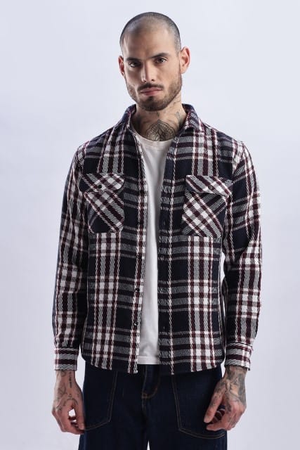 Men Flannel Shirt-White & Red