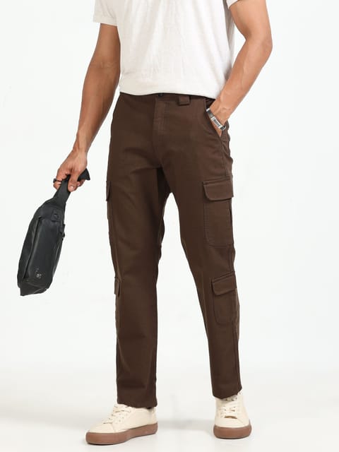 Men Lazy Linen Cargo Trousers-Brown