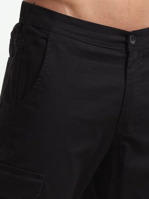 Men Lazy Linen Cargo Trousers-Black