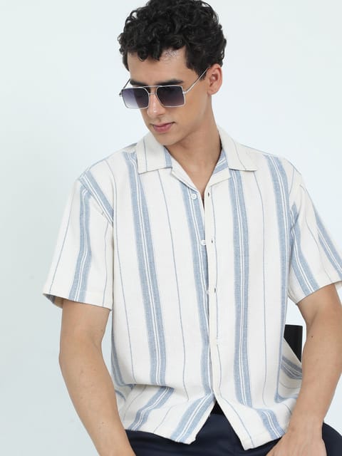 Men Striped Jacquard Oversized Shirt-Sky Blue