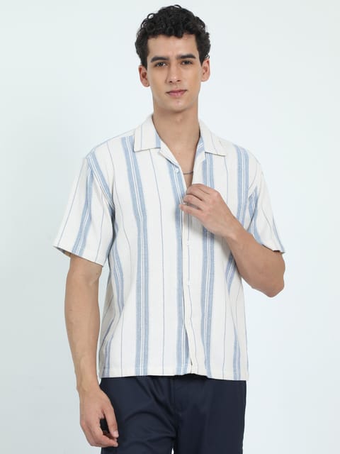 Men Striped Jacquard Oversized Shirt-Sky Blue