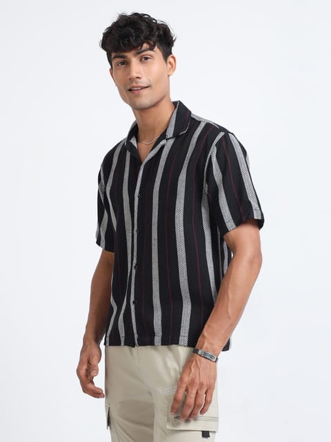 Men Striped Jacquard Oversized Shirt-Black