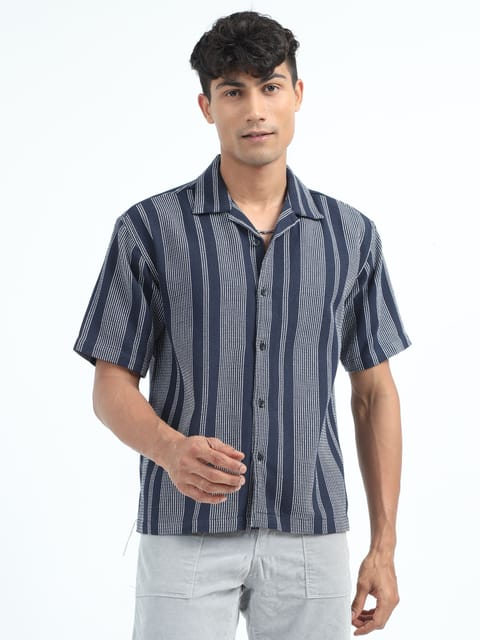 Men Striped Jacquard Oversized Shirt-Navy