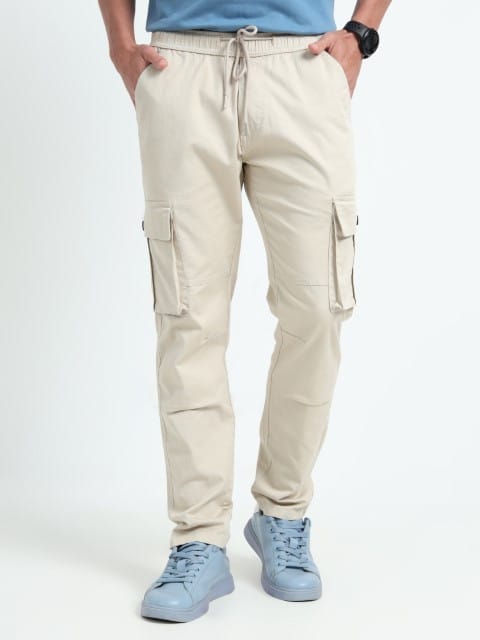 Men Relaxed Fit Cargoes-Cream