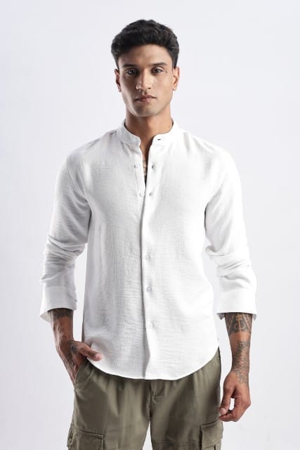 Men Milange Linen Look Shirts Mandarin Collar-White