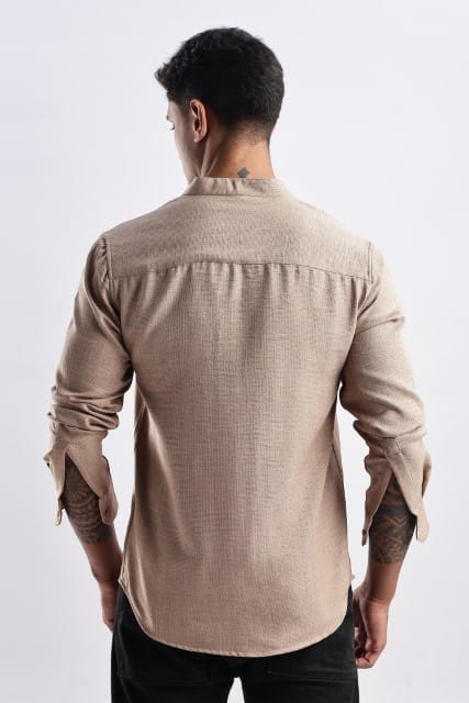 Men Milange Linen Look Shirts Mandarin Collar-Beige