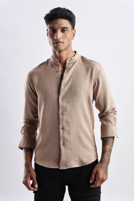 Men Milange Linen Look Shirts Mandarin Collar-Beige