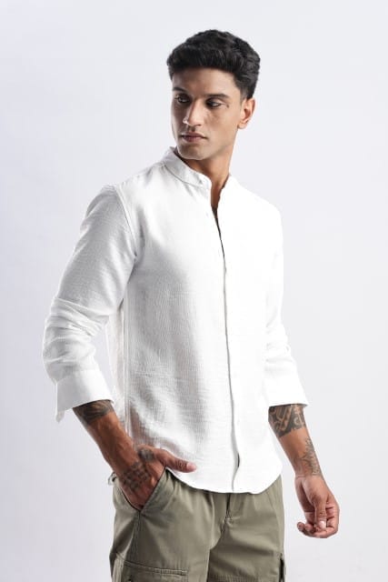 Men Milange Linen Look Shirts Mandarin Collar-White