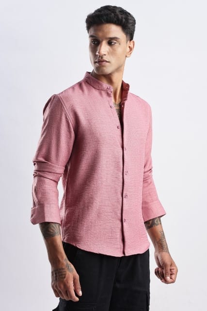 Men Milange Linen Look Shirts Mandarin Collar-Pink