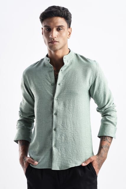 Men Milange Linen Look Shirts Mandarin Collar-Lt Olive