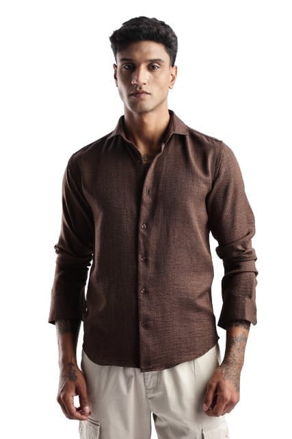 Men Milange Linen Look Shirts-Brown