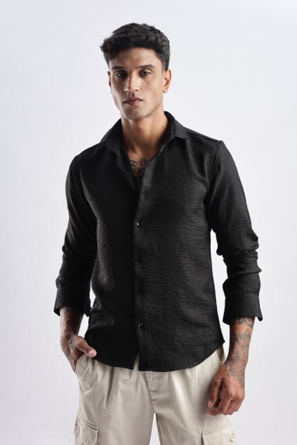 Men Milange Linen Look Shirts-Black