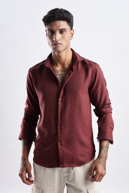 Men Milange Linen Look Shirts-Maroon