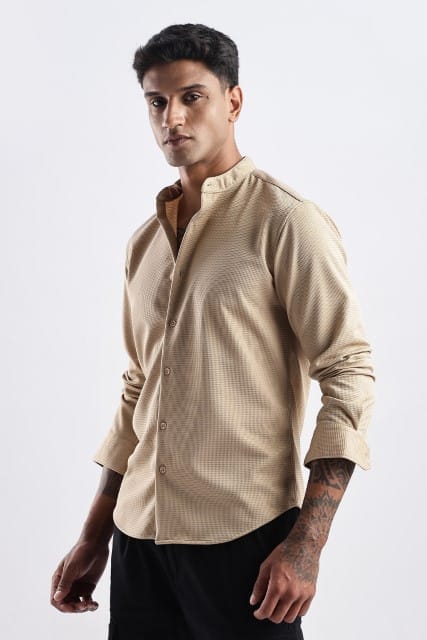 Men Waffle Dobby Shirts Mandarin Collar-Beige