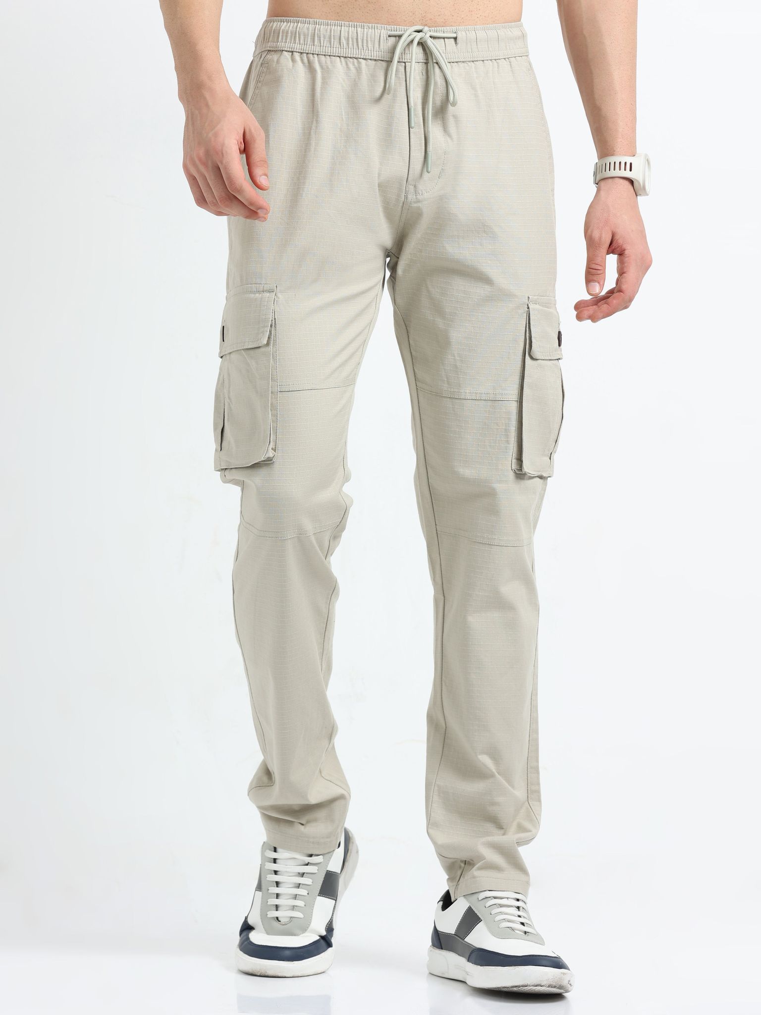 Men Self Design Breeze Cargoes-Cream