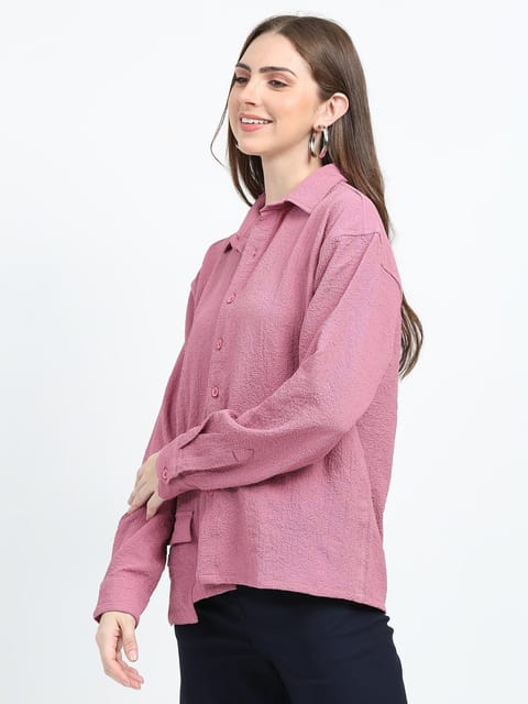 Women Drop pocket Popcorn oversized shirt-Cherry