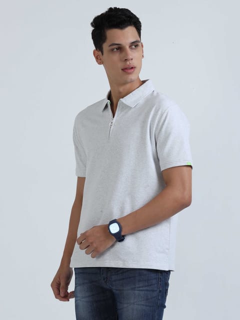 Caslay Sustainable Sweat Polo - White Melange Solid T-Shirt